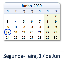 17 Junho 2030 calendario