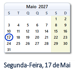 17 Maio 2027 calendario