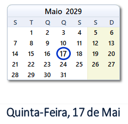 17 Maio 2029 calendario