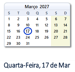 17 Março 2027 calendario