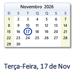 17 Novembro 2026 calendario