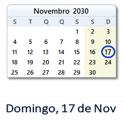 17 Novembro 2030 calendario