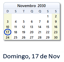 17 Novembro 2030 calendario