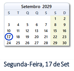17 Setembro 2029 calendario
