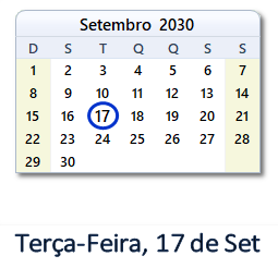 17 Setembro 2030 calendario