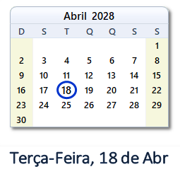 18 Abril 2028 calendario