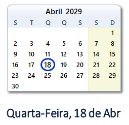 18 Abril 2029 calendario