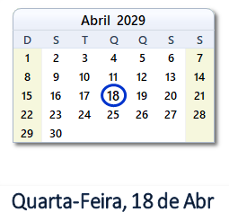 18 Abril 2029 calendario