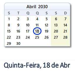 18 Abril 2030 calendario