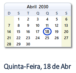 18 Abril 2030 calendario