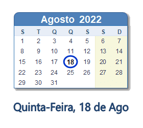 18 Agosto 2022 calendario