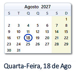 18 Agosto 2027 calendario