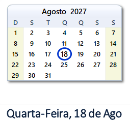 18 Agosto 2027 calendario