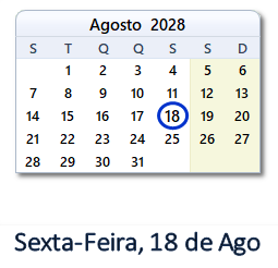 18 Agosto 2028 calendario