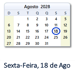 18 Agosto 2028 calendario