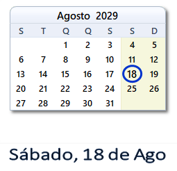 18 Agosto 2029 calendario