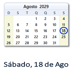18 Agosto 2029 calendario