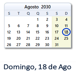 18 Agosto 2030 calendario