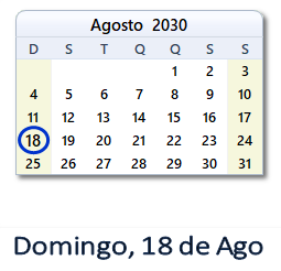 18 Agosto 2030 calendario