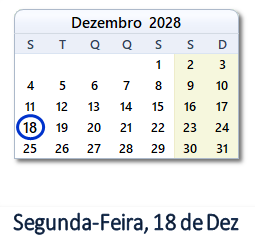 18 Dezembro 2028 calendario