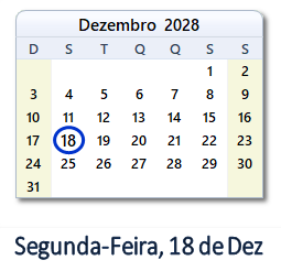 18 Dezembro 2028 calendario