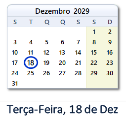 18 Dezembro 2029 calendario