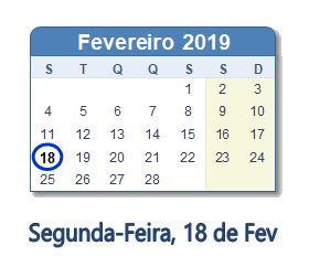 18 Fevereiro 2019 calendario