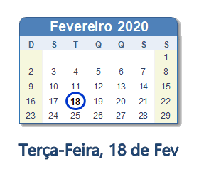 18 Fevereiro 2020 calendario