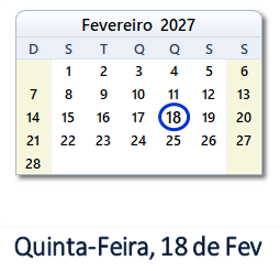 18 Fevereiro 2027 calendario