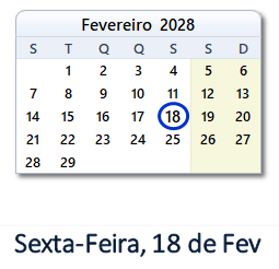 18 Fevereiro 2028 calendario