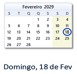 18 Fevereiro 2029 calendario