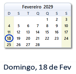 18 Fevereiro 2029 calendario