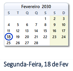 18 Fevereiro 2030 calendario