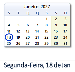 18 Janeiro 2027 calendario
