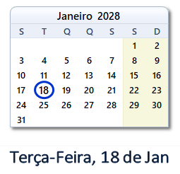 18 Janeiro 2028 calendario