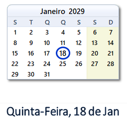 18 Janeiro 2029 calendario
