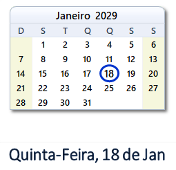 18 Janeiro 2029 calendario