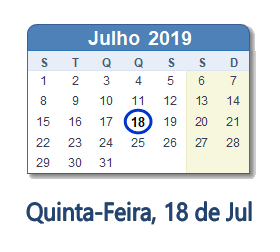 18 Julho 2019 calendario