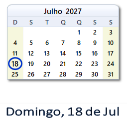 18 Julho 2027 calendario