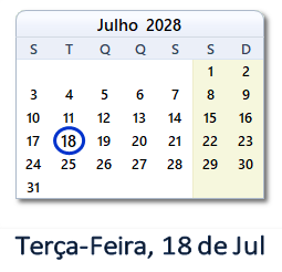 18 Julho 2028 calendario