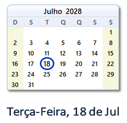 18 Julho 2028 calendario