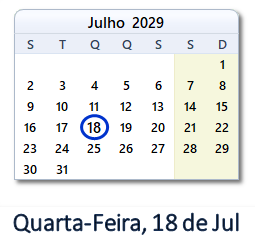 18 Julho 2029 calendario