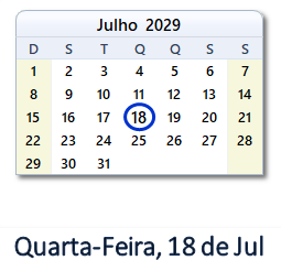 18 Julho 2029 calendario