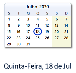 18 Julho 2030 calendario