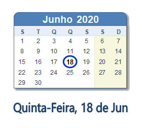 18 Junho 2020 calendario