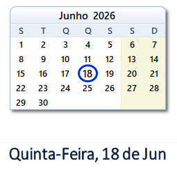 18 Junho 2026 calendario