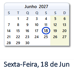 18 Junho 2027 calendario