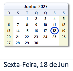 18 Junho 2027 calendario