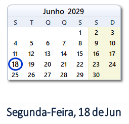 18 Junho 2029 calendario