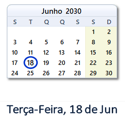18 Junho 2030 calendario